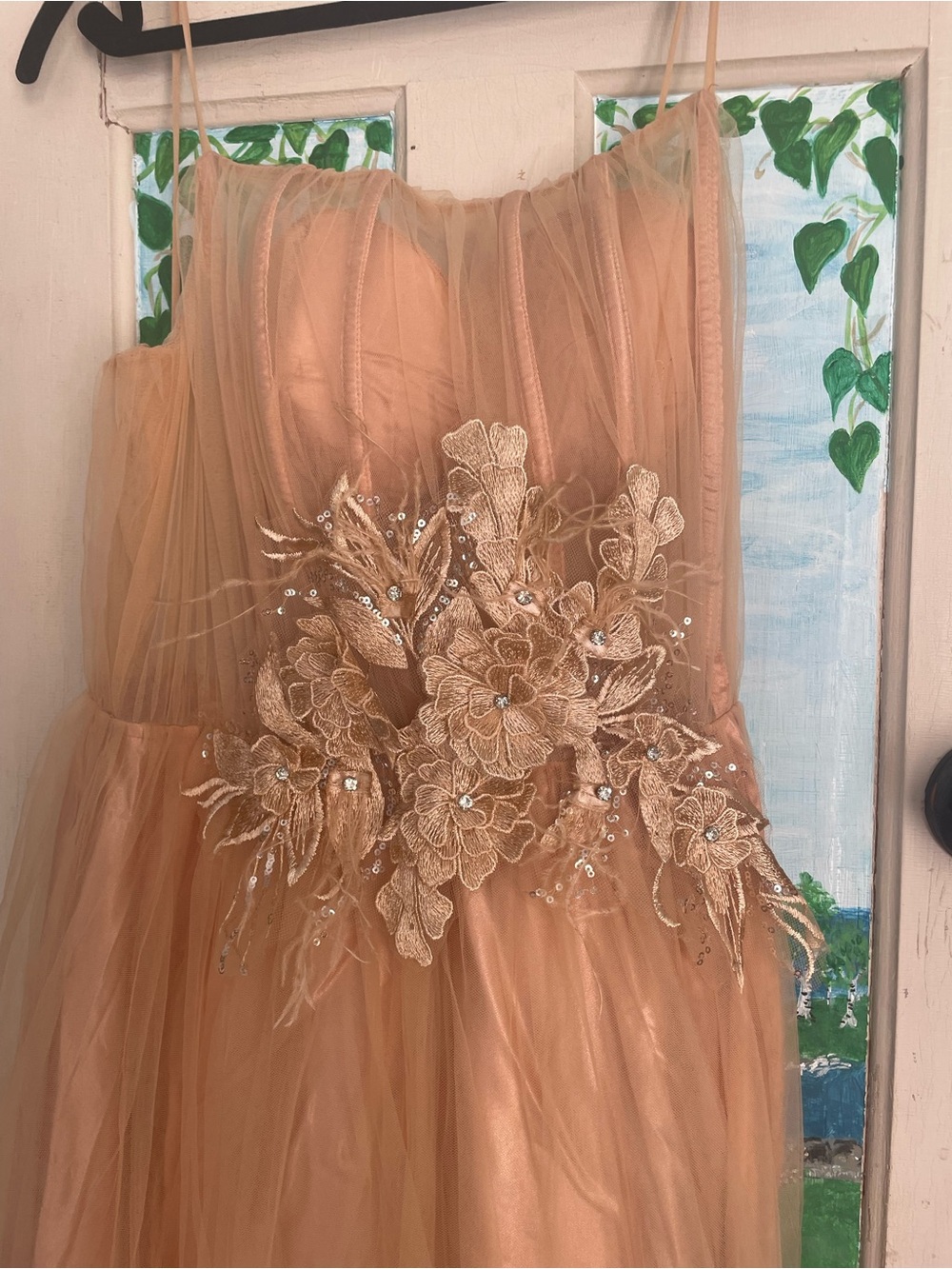 Peach Tulle Floral and Feather long dress with a slight train 💕